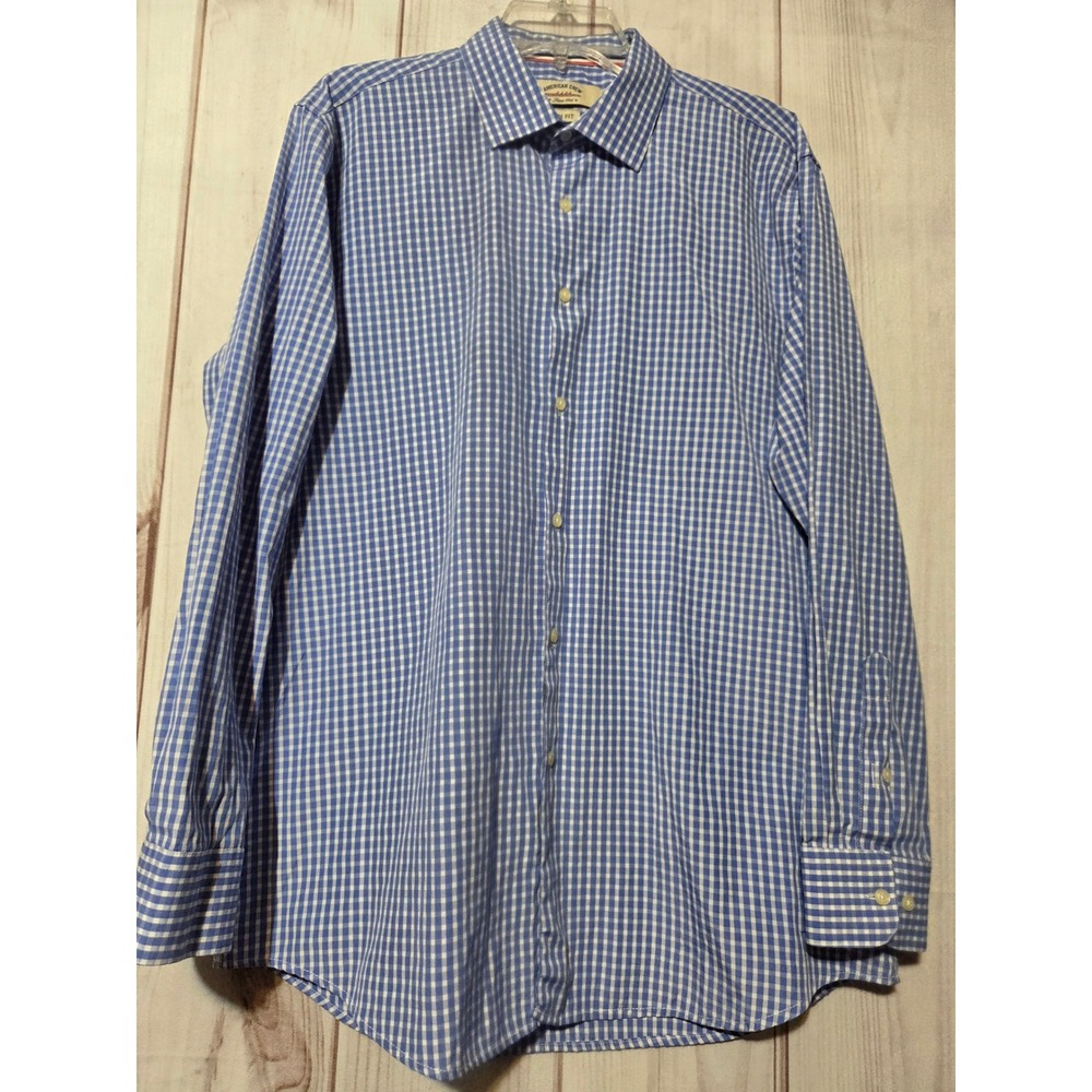 American Crew Mens Slim Fit Blue Gingham Button Down Shirt 16.5 34/35 L